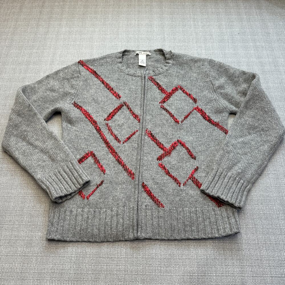 Vintage Jillian‎ Jones Medium Lambswool Cardigan Gray Red Geometric Zip *